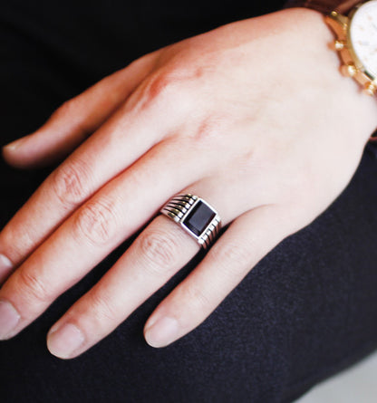 Sterling Silver Black Agate Opening Ring