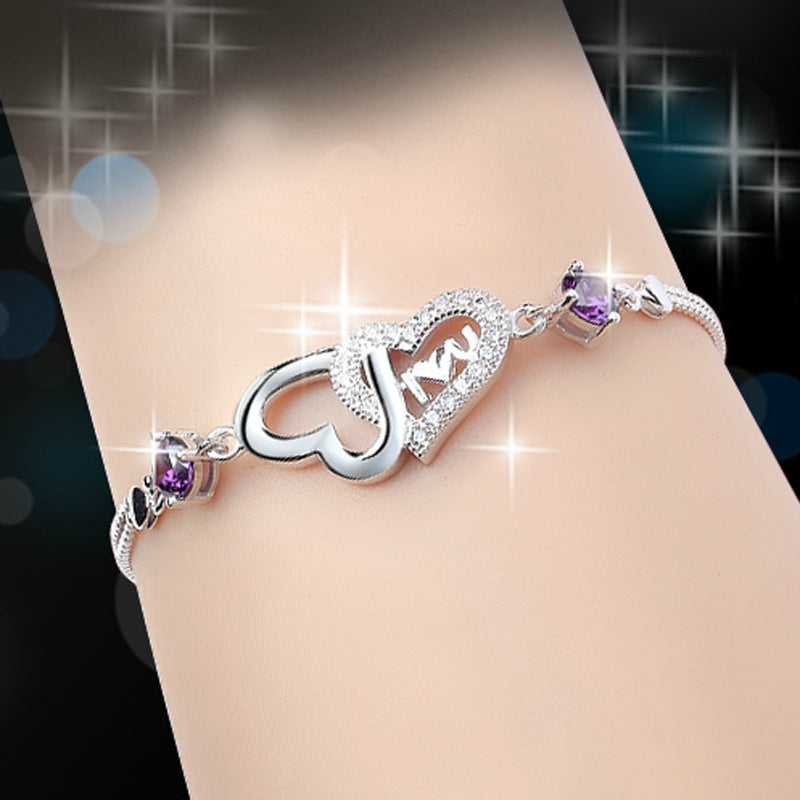 925 Sterling Silver Diamante Bracelet Double Heart