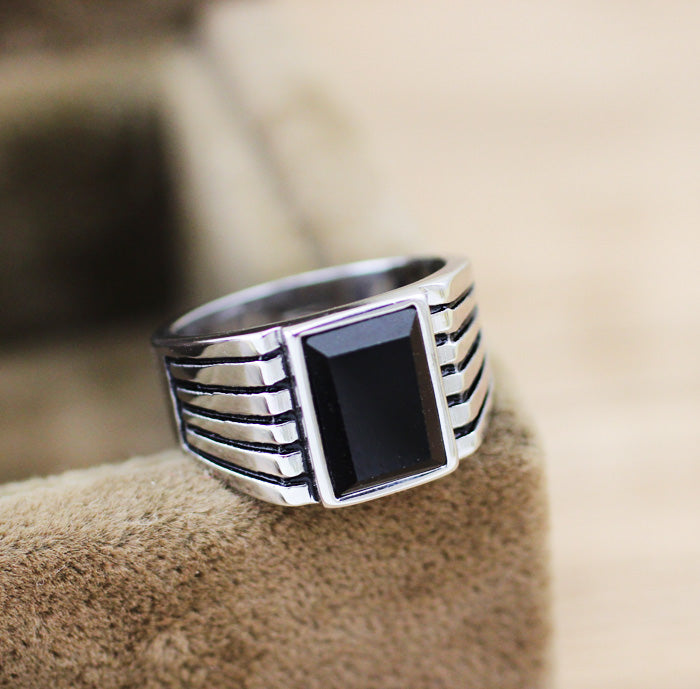 Sterling Silver Black Agate Opening Ring