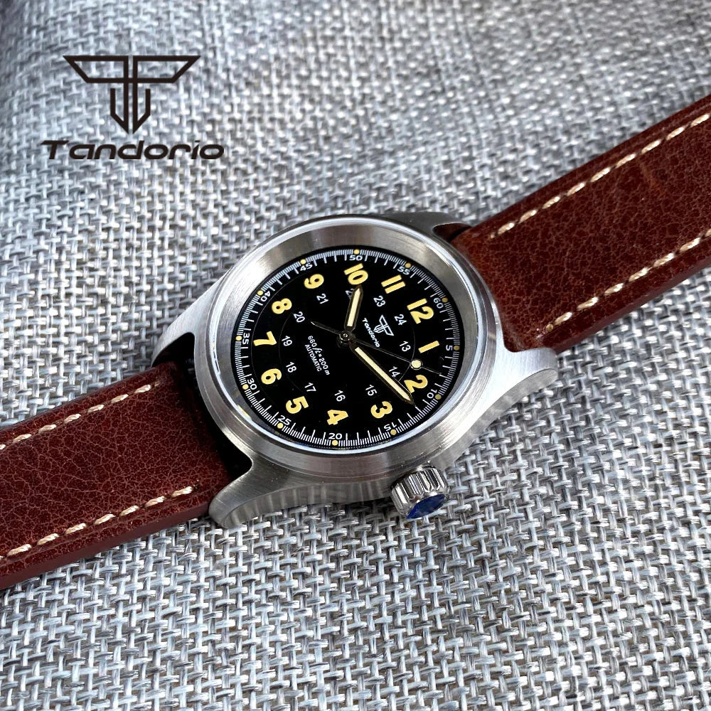 Automatic Dive Pilot Watch- NH35A Movement Sapphire Glass Screw Crown, Leather Strap