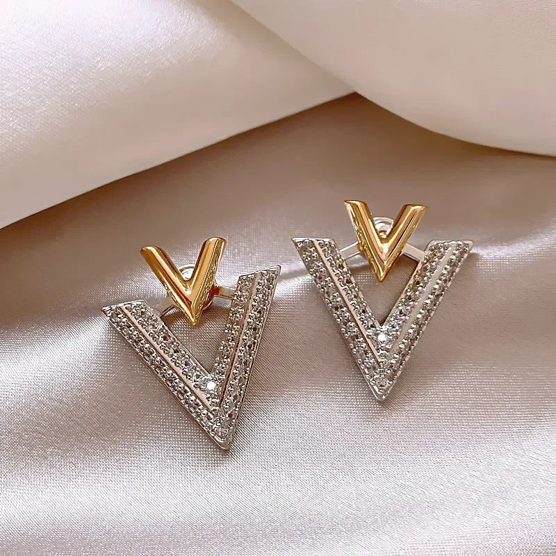 14K Gold Plated Luxury Zircon V-Shape Earrings