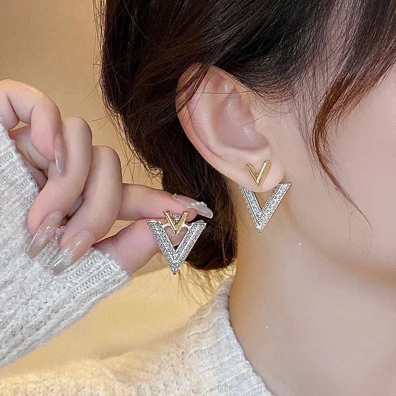 14K Gold Plated Luxury Zircon V-Shape Earrings