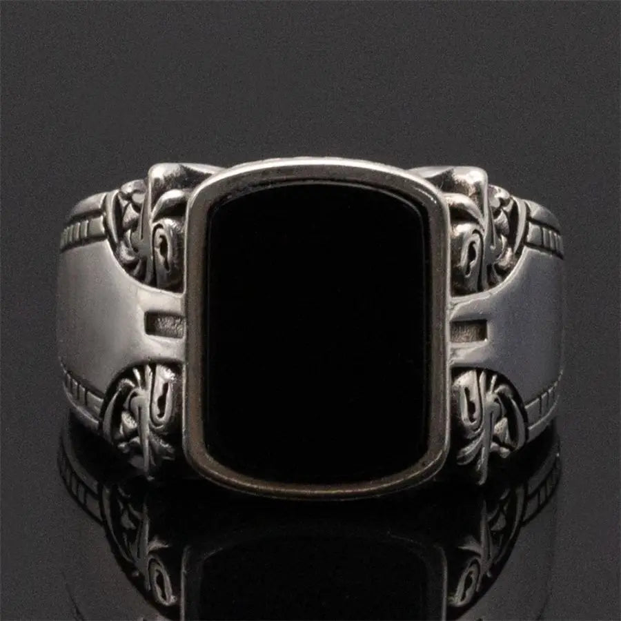 Vintage 925 Sterling Silver Black Agate Stone Ring