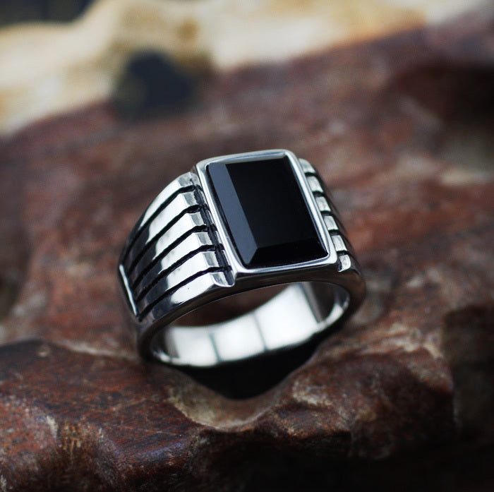 Sterling Silver Black Agate Opening Ring